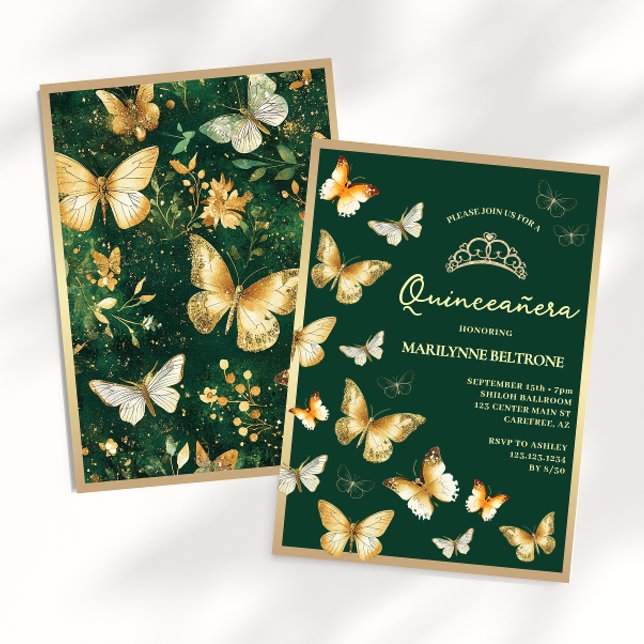 Invitación Mariposa dorada Emerald Green Quinceañera (Subido por el creador)
