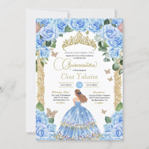 Invitación Mariposa dorada floral azul claro Quinceañera