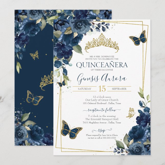 Invitación Mariposa dorada floral azul de la marina de Quince (Anverso / Reverso)
