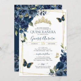 Invitación Mariposa dorada floral azul de la marina de Quince