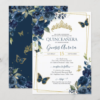 Invitación Mariposa dorada floral azul de la marina de Quince