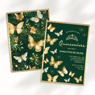 Invitación Mariposa Dorada Quinceañera Verde Esmeralda