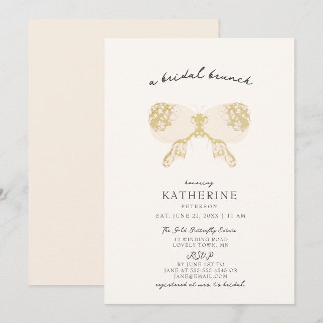 Invitación Mariposa dorada Rubor Pink Modern Bridal Shower (Anverso / Reverso)