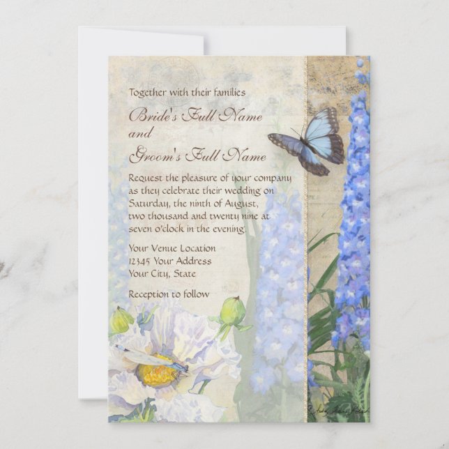 Invitación Mariposa Dragonfly Delphinium n Poppy Flour Art (Anverso)
