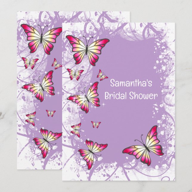 Invitación Mariposa ducha de novia acuarela púrpura rosa (Anverso / Reverso)