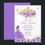 Invitación Mariposa dulce 16   Flores de color morado<br><div class="desc">Dulce invitación de cumpleaños en tonos lilas y lavanda de púrpura con mariposas de oro y una hermosa tiara y un chica en un vestido de bola de flujo. Visita la tienda para ver más variaciones en el tono de piel y combinaciones de colores</div>