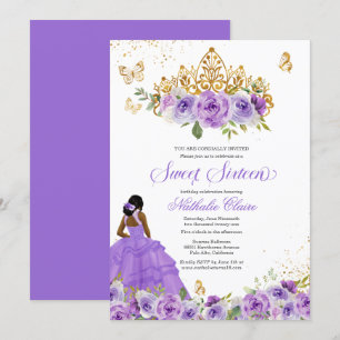 Invitación Mariposa dulce 16 + Flores de color morado