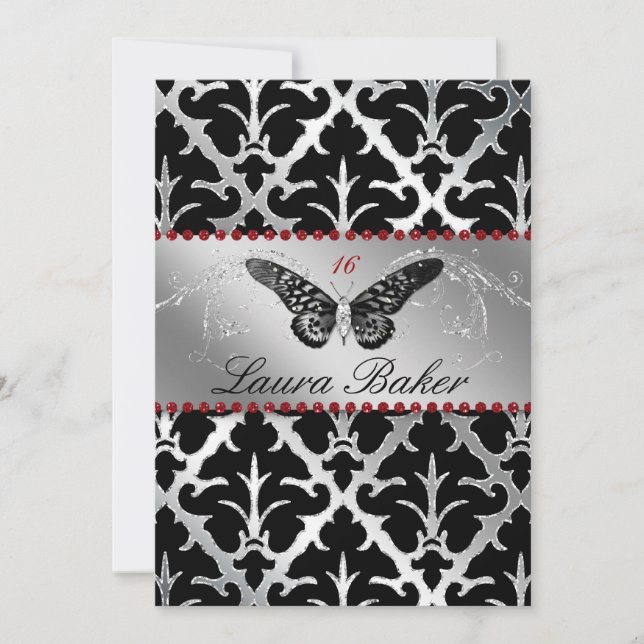 Invitación Mariposa dulce 16 Invitar damasco rojo esparkle (Anverso)