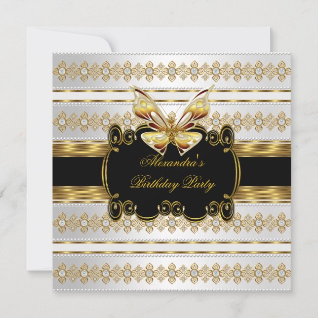 Invitación Mariposa elegante dorada blanca de la franja de jo (Anverso)