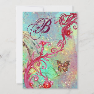 Invitación MARIPOSA EN BRILLANTES 2 Monograma de boda azul ,