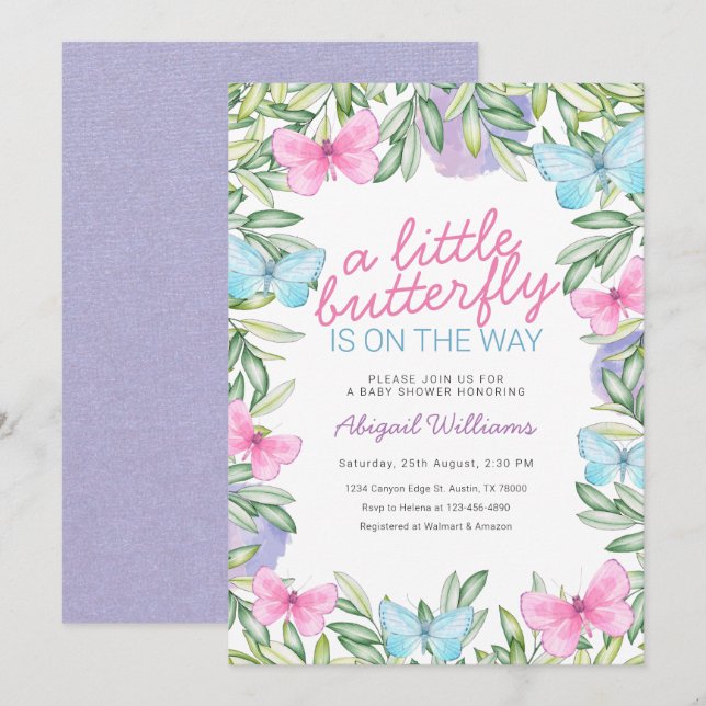 Invitación Mariposa en el camino Chica Baby Shower (Anverso / Reverso)