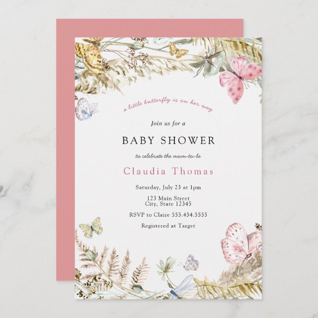 Invitación Mariposa en el Camino del Baby Shower bohemio (Anverso / Reverso)