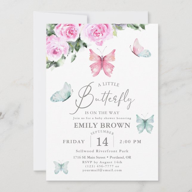 Invitación Mariposa en el camino rosado Chica Baby Shower (Anverso)
