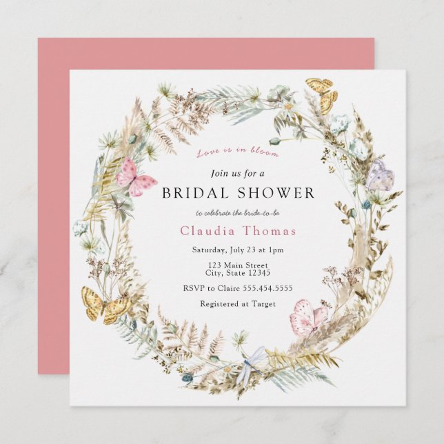Invitación Mariposa en la ducha de novias Way Boho (Anverso / Reverso)