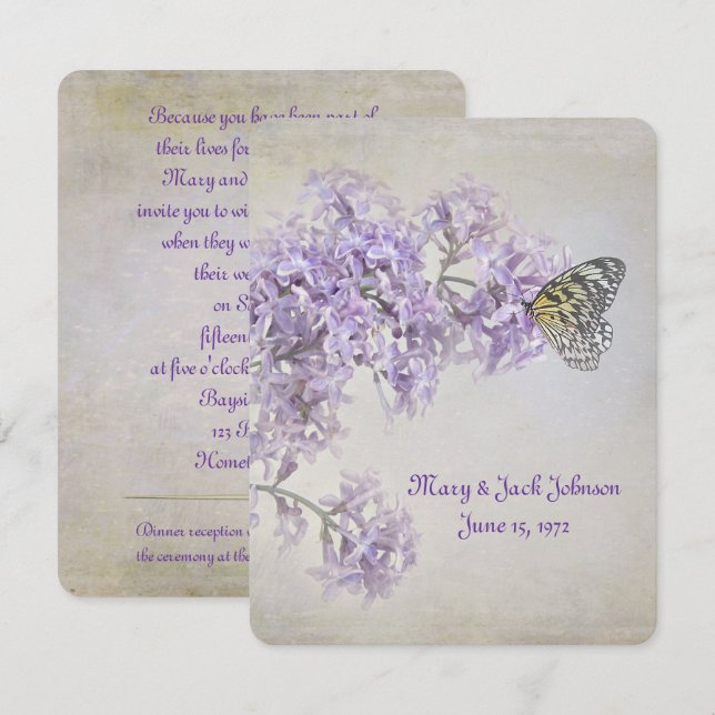 Invitación Mariposa en Lilacs Vow Renewal (Anverso / Reverso)