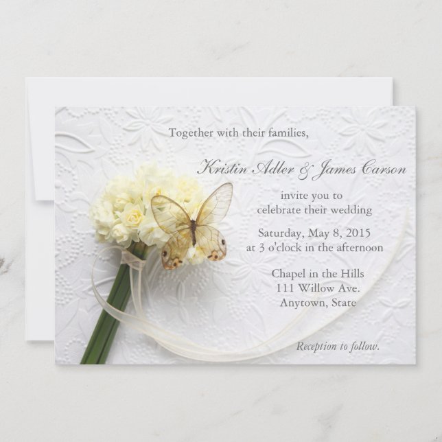Invitación Mariposa en un boda de ramo de flores (Anverso)