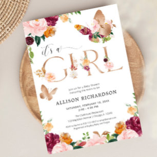 Invitación Mariposa Es un bebé Chica rosa dorado rosado flora