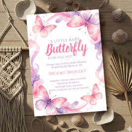 Invitación Mariposa Está En Camino Rosa Morado Acuarela Bebé