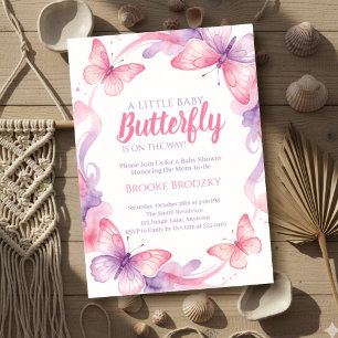 Invitación Mariposa Está En Camino Rosa Morado Acuarela Bebé