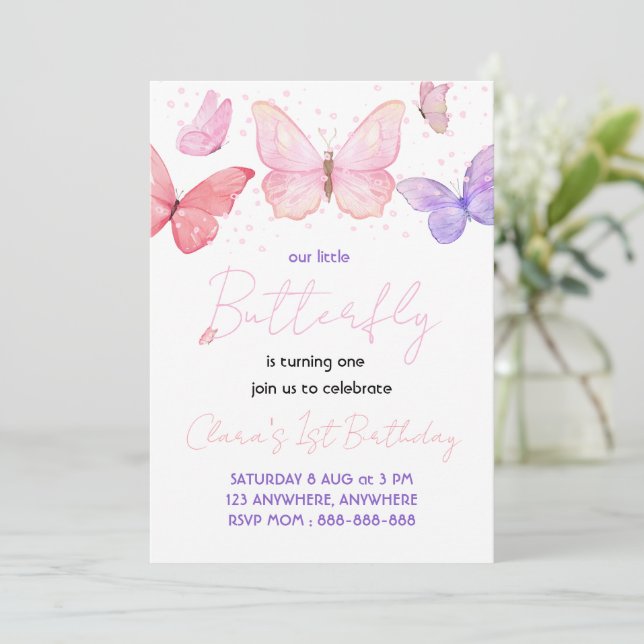 Invitación Mariposa Fiesta de cumpleaños 1 (Anverso de pie)