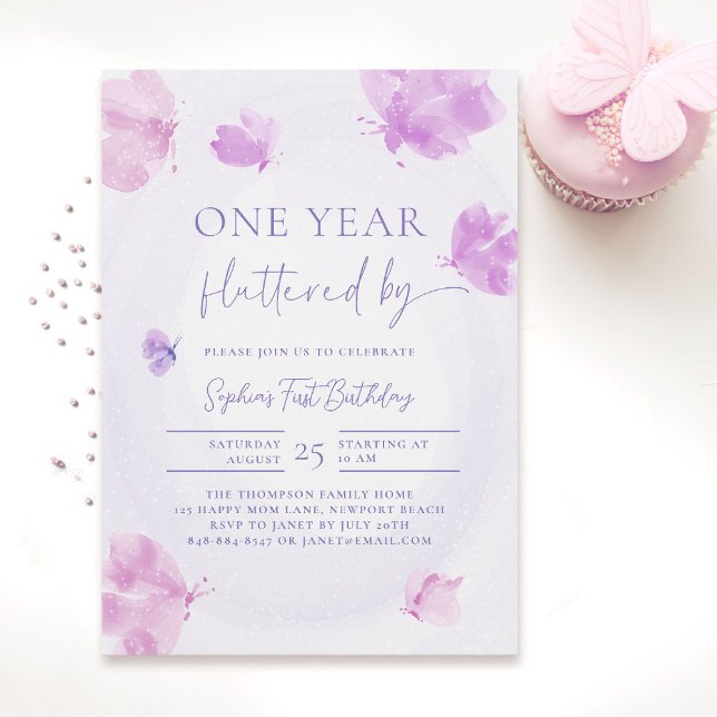 Invitación Mariposa flauta flauta por morado rosado primer cu (butterfly themed 1st birthday invitation girls pink purple watercolor one year fluttered by)