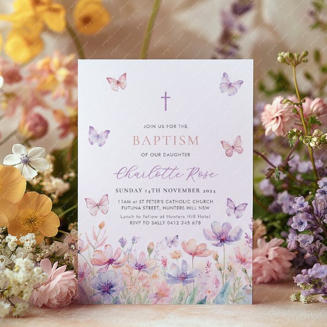 Invitación Mariposa Flor Floral Bautismo Floral Christening (Wildflower Baptism Invitation with pastel flowers and butterflies. Girl's baptism invitation)