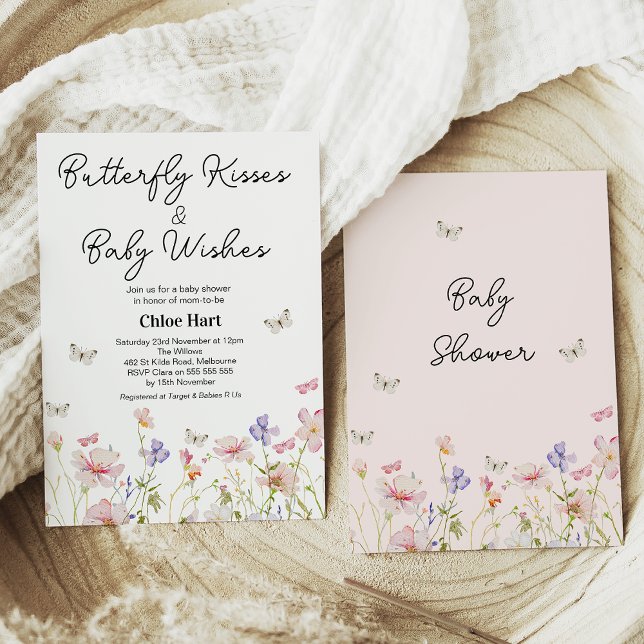 Invitación Mariposa flor silvestre besa bebé Wish Baby Shower (Editable Wildflowers Butterfly Kisses and Baby Wishes Baby Shower Invitation,  Baby Shower Invite)