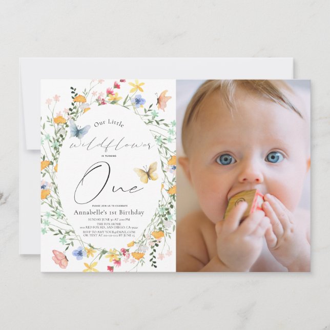 Invitación Mariposa flor silvestre Oval foto de primer cumple (Anverso)