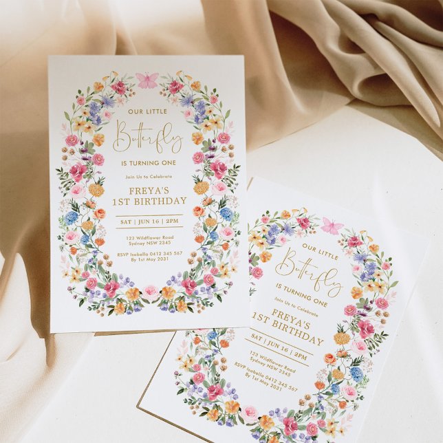 Invitación Mariposa Flor silvestre Wreath primer cumpleaños (Subido por el creador)