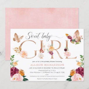 Invitación Mariposa Flora bebé virtual ducha rosa burdeos flo