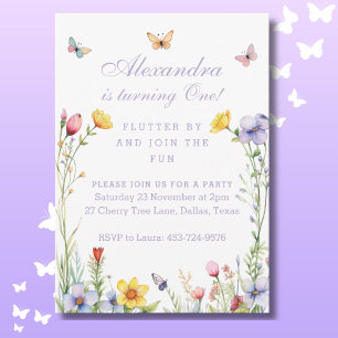 Invitación Mariposa Flora silvestre Una niña bebé Primer cump