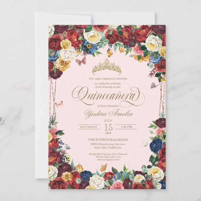 Invitación Mariposa Floral Acuarela Rosa Rojo Quinceanera (Anverso)