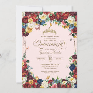 Invitación Mariposa Floral Acuarela Rosa Rojo Quinceanera