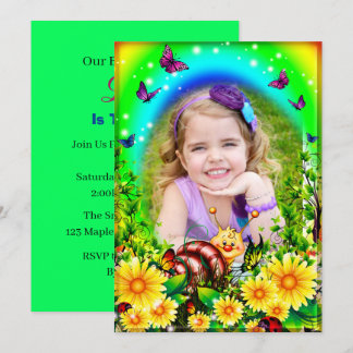 Invitación Mariposa floral amarilla y foto de caracol cumplea