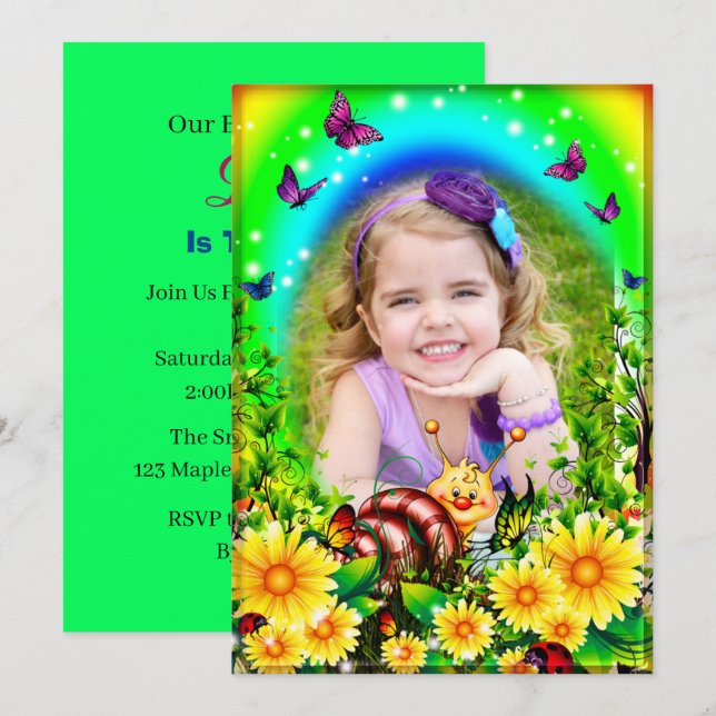 Invitación Mariposa floral amarilla y foto de caracol cumplea (Anverso / Reverso)