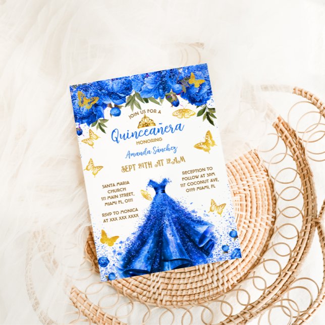 Invitación Mariposa floral azul azul real Quinceanera (Subido por el creador)