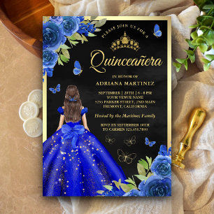 Invitación Mariposa floral azul real Black Gold Quinceanera