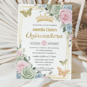 Invitación Mariposa floral azul rosa verde sabio Quinceañera