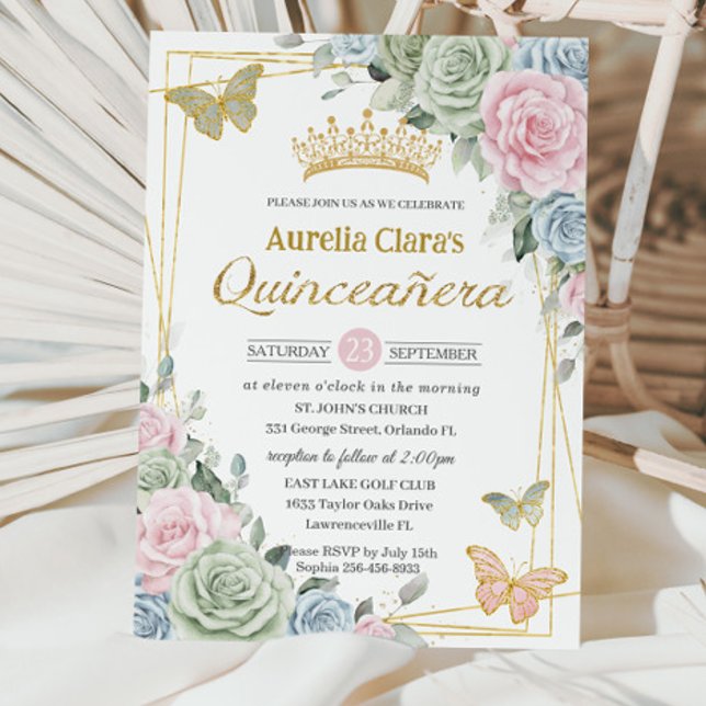 Invitación Mariposa floral azul rosa verde sabio Quinceañera (Subido por el creador)