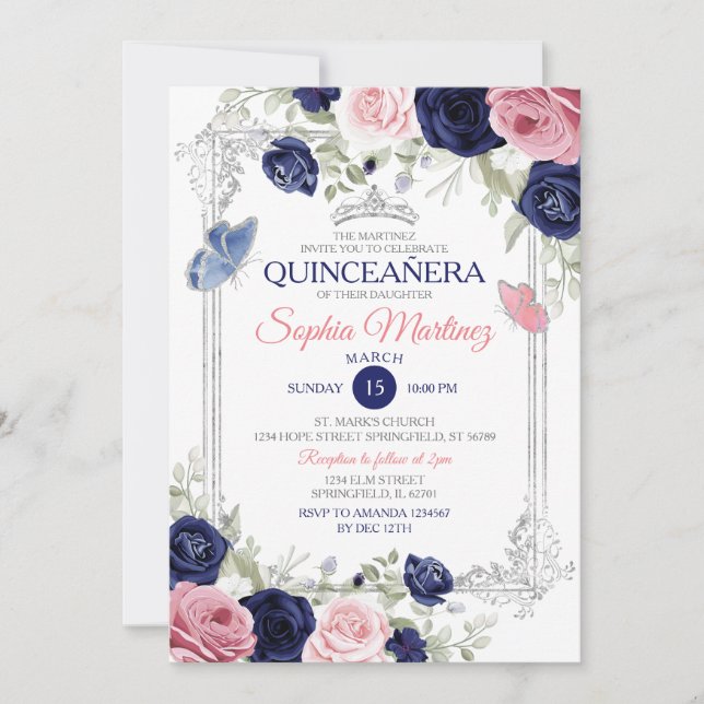 Invitación Mariposa Floral Azul Rosa Y Naval Quinceañera (Anverso)