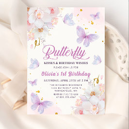 Invitación Mariposa floral besa Chica púrpura cumpleaños