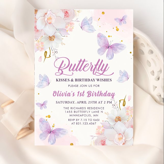 Invitación Mariposa floral besa Chica púrpura cumpleaños (Subido por el creador)