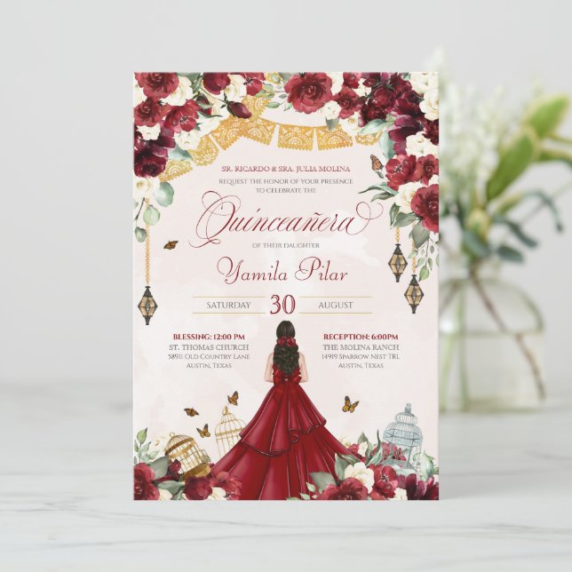 Invitación Mariposa floral blanca roja elegante Quinceanera V (Anverso de pie)