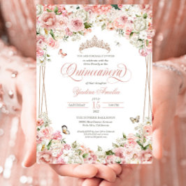 Invitación Mariposa floral blanca rosada Rubor Quinceanera