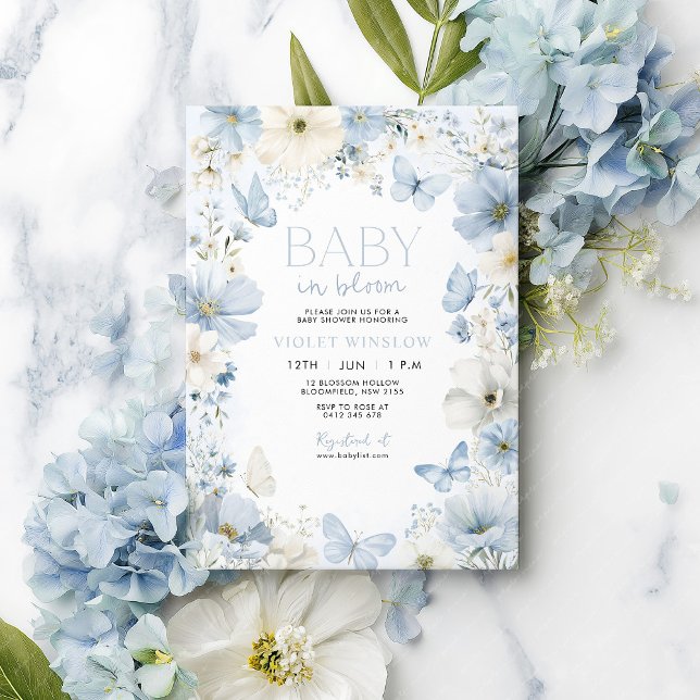 Invitación Mariposa floral de Baby Shower Blue Boy (Blue Baby in Bloom Baby Shower Invitation Blue and White flowers and butterflies)