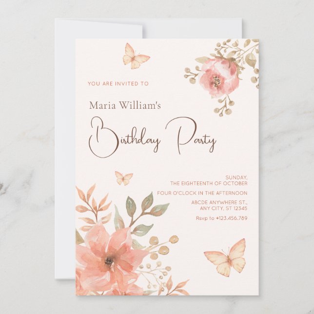 Invitación Mariposa floral de durazno rosa (Anverso)