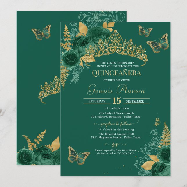 Invitación Mariposa floral de esmeralda verde y dorada Quince (Anverso / Reverso)