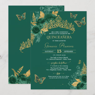 Invitación Mariposa floral de esmeralda verde y dorada Quince