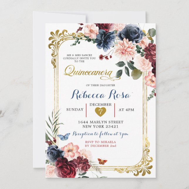 Invitación Mariposa floral de la Marina Borgoña Quinceañera (Anverso)