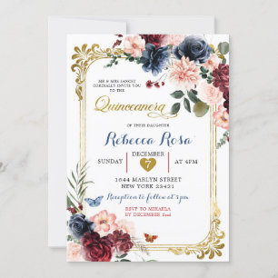 Invitación Mariposa floral de la Marina Borgoña Quinceañera